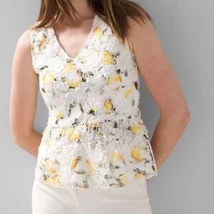 WHITE HOUSE BLACK MARKET‎ LEMON PRINT SLEEVELESS LACE PEPLUM TOP SIZE 12
